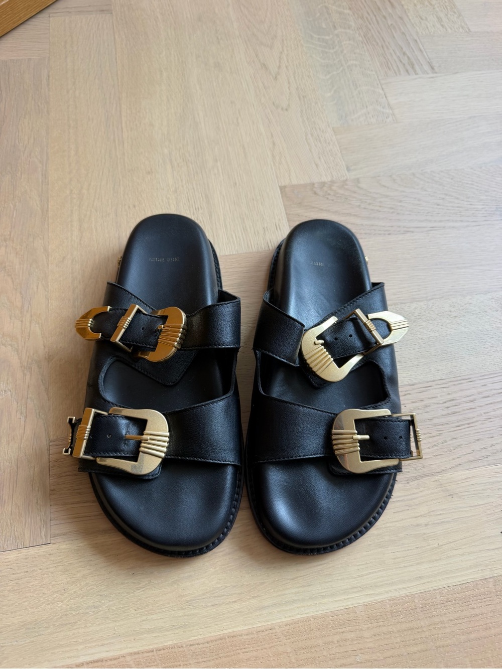 Anine Bing Black Leather Slide Sandals with Gold Buckles - Picture 15 of 16